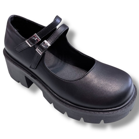 NIB Black Chunky Platform Mary Jane Shoes Women Size 8.5 Double Strap Buckle - Picture 9 of 14